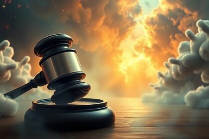 Martelletto del giudice su sfondo drammatico di nuvole e luce