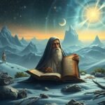 Un vate saggio legge un libro tra montagne e un uccello mitologico.