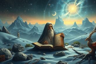 Un vate saggio legge un libro tra montagne e un uccello mitologico.