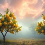 Alberi di limoni carichi di frutti gialli sotto un cielo nuvoloso