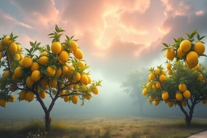 Alberi di limoni carichi di frutti gialli sotto un cielo nuvoloso