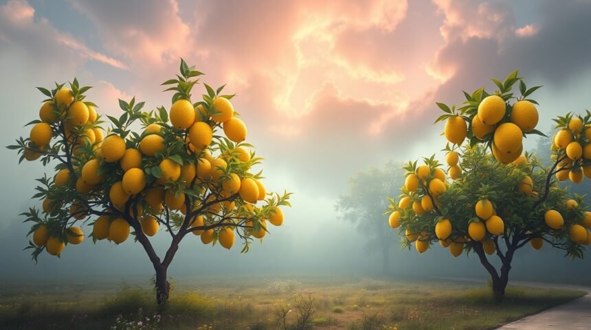 Alberi di limoni carichi di frutti gialli sotto un cielo nuvoloso