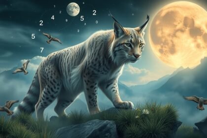 Lince che cammina sotto una luna piena con numeri e uccelli in volo