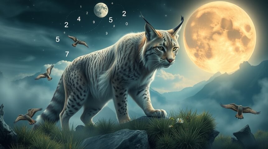 Lince che cammina sotto una luna piena con numeri e uccelli in volo