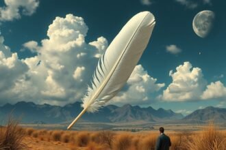 Uomo che osserva una penna bianca gigantesca in un paesaggio surreale.