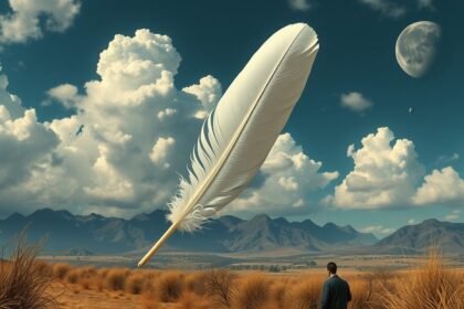 Uomo che osserva una penna bianca gigantesca in un paesaggio surreale.