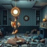 Interno disordinato di una casa con oggetti sparsi e caos