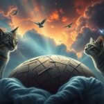 Due gatti su un pianeta misterioso con nuvole e uccelli.