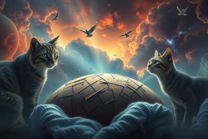 Due gatti su un pianeta misterioso con nuvole e uccelli.