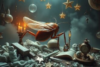 Scarafaggio simbolico tra oggetti misteriosi e candele