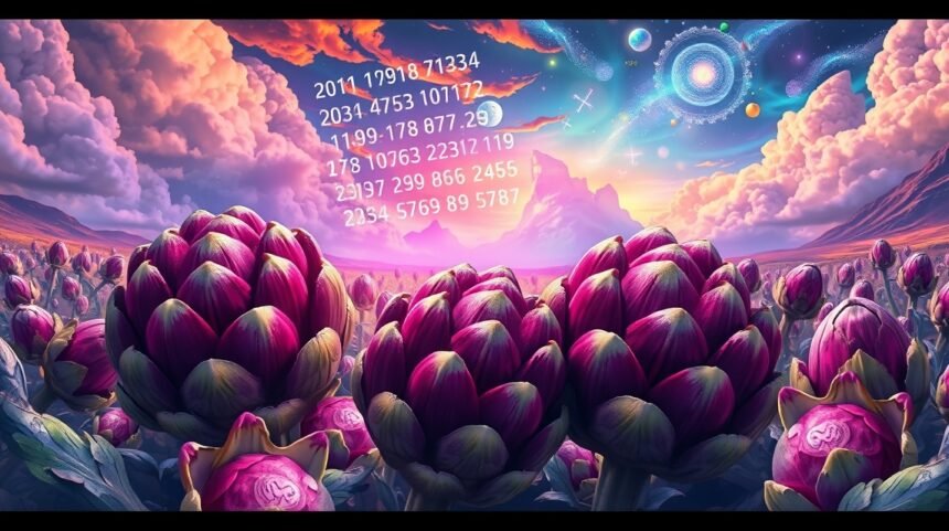 Carciofi tra nuvole e numeri per il Lotto in un paesaggio onirico