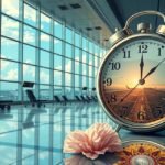 Orologio in un aeroporto con vista su voli e cambiamenti