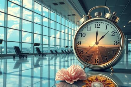 Orologio in un aeroporto con vista su voli e cambiamenti