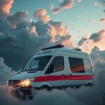 Un'ambulanza tra nuvole al tramonto, simbolo di emergenza e salute.