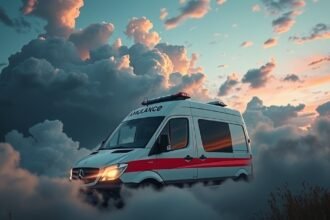 Un'ambulanza tra nuvole al tramonto, simbolo di emergenza e salute.