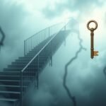 Una scala che scende tra nebbia simbolica e una chiave dorata.