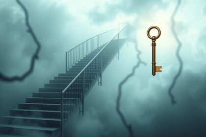 Una scala che scende tra nebbia simbolica e una chiave dorata.