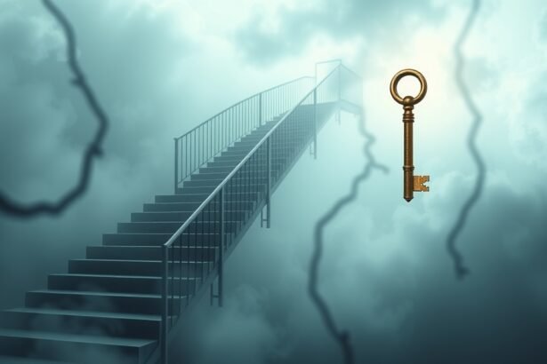 Una scala che scende tra nebbia simbolica e una chiave dorata.