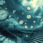 Scalata surreale con orologi sospesi rappresentante la perdita di controllo nei sogni.