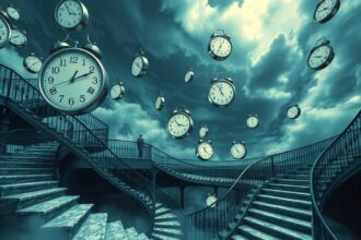 Scalata surreale con orologi sospesi rappresentante la perdita di controllo nei sogni.