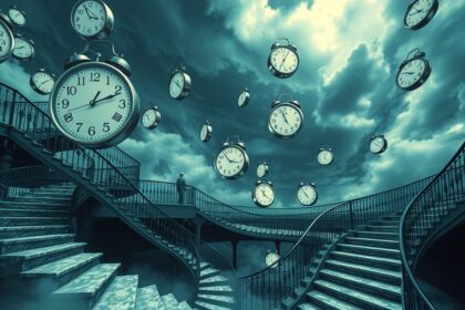 Scalata surreale con orologi sospesi rappresentante la perdita di controllo nei sogni.