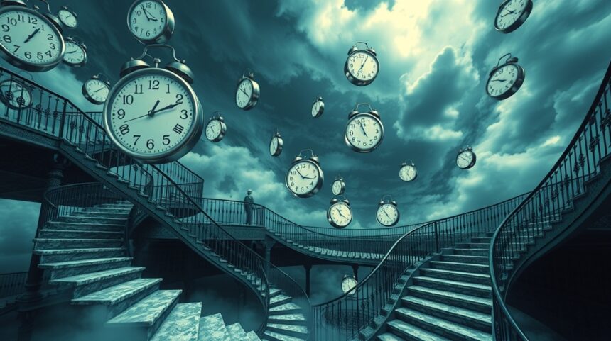 Scalata surreale con orologi sospesi rappresentante la perdita di controllo nei sogni.