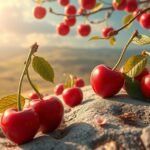 Ciliegie rosse su una superficie naturale illuminate dal sole