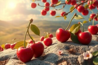 Ciliegie rosse su una superficie naturale illuminate dal sole