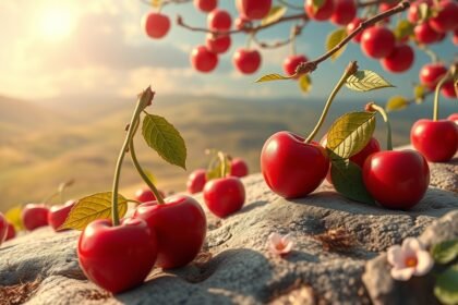 Ciliegie rosse su una superficie naturale illuminate dal sole