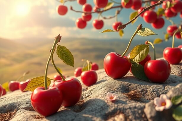 Ciliegie rosse su una superficie naturale illuminate dal sole