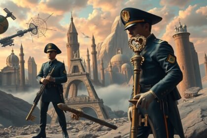 Carabinieri in un paesaggio onirico che rappresenta il caos e la mancanza di autorità.