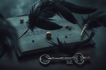 Piume nere e chiavi su un libro, simbolismo di mistero e sogni