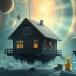 Casa fluttuante con attrezzatura per la pulizia nel sogno