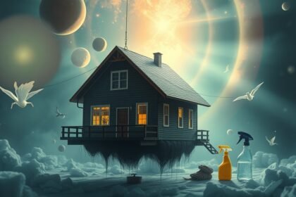 Casa fluttuante con attrezzatura per la pulizia nel sogno