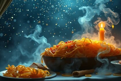 Pasta fumante con pomodoro e erbe, simbolo di famiglia e abbondanza