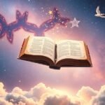 Libro aperto che fluttua nel cielo stellato con nuvole