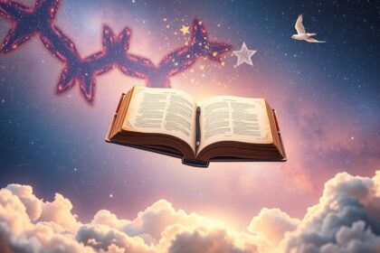 Libro aperto che fluttua nel cielo stellato con nuvole