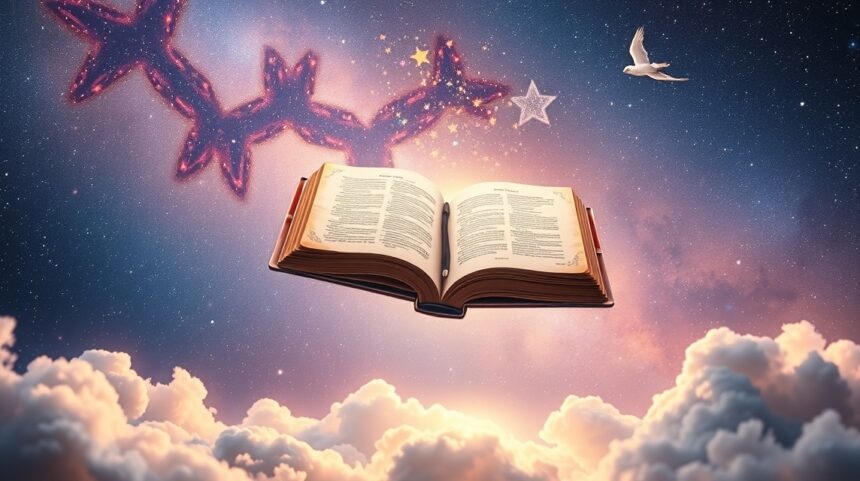 Libro aperto che fluttua nel cielo stellato con nuvole