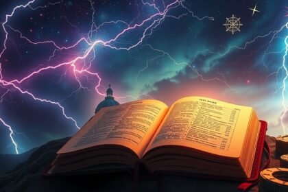 Libro aperto su sfondo di fulmini e saette, simbolo di rivelazioni.