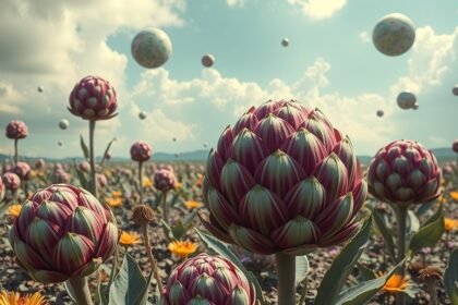 Campo di carciofi colorati con cielo nuvoloso e sfere fluttuanti