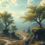 Paesaggio magico con alberi su rocce nel cielo sereno