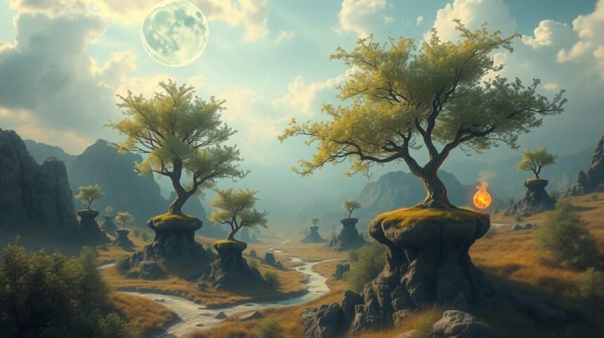 Paesaggio magico con alberi su rocce nel cielo sereno