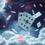 Mazzo di carte che fluttuano nel cielo tra le nuvole