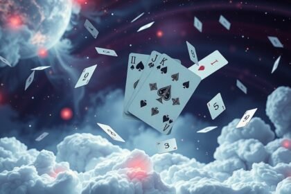 Mazzo di carte che fluttuano nel cielo tra le nuvole