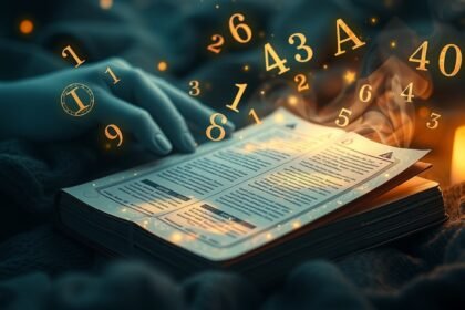 Mano che sfoglia un libro con numeri e simboli magici