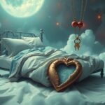 Letto in un sogno con coperte, cuore dorato e collana, rappresentante crisi di coppia.