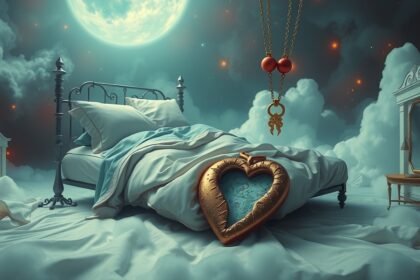Letto in un sogno con coperte, cuore dorato e collana, rappresentante crisi di coppia.