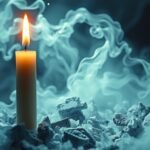Candela accesa su cenere, simbolo di trasformazione e rinascita