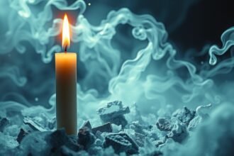 Candela accesa su cenere, simbolo di trasformazione e rinascita