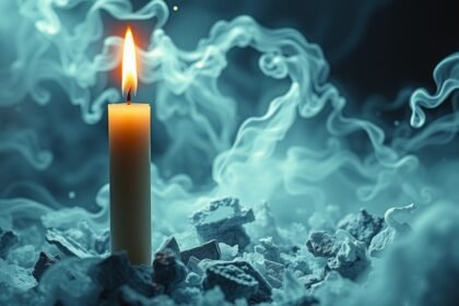Candela accesa su cenere, simbolo di trasformazione e rinascita